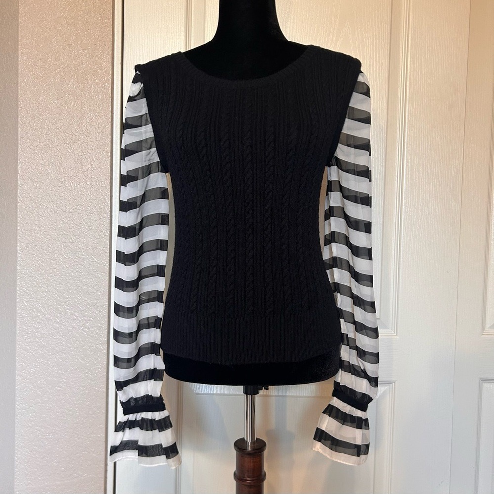 Maeve by Anthropologie Black Cable Knit Sweater with Sheer Sleeves Size Small - Picture 1 of 5